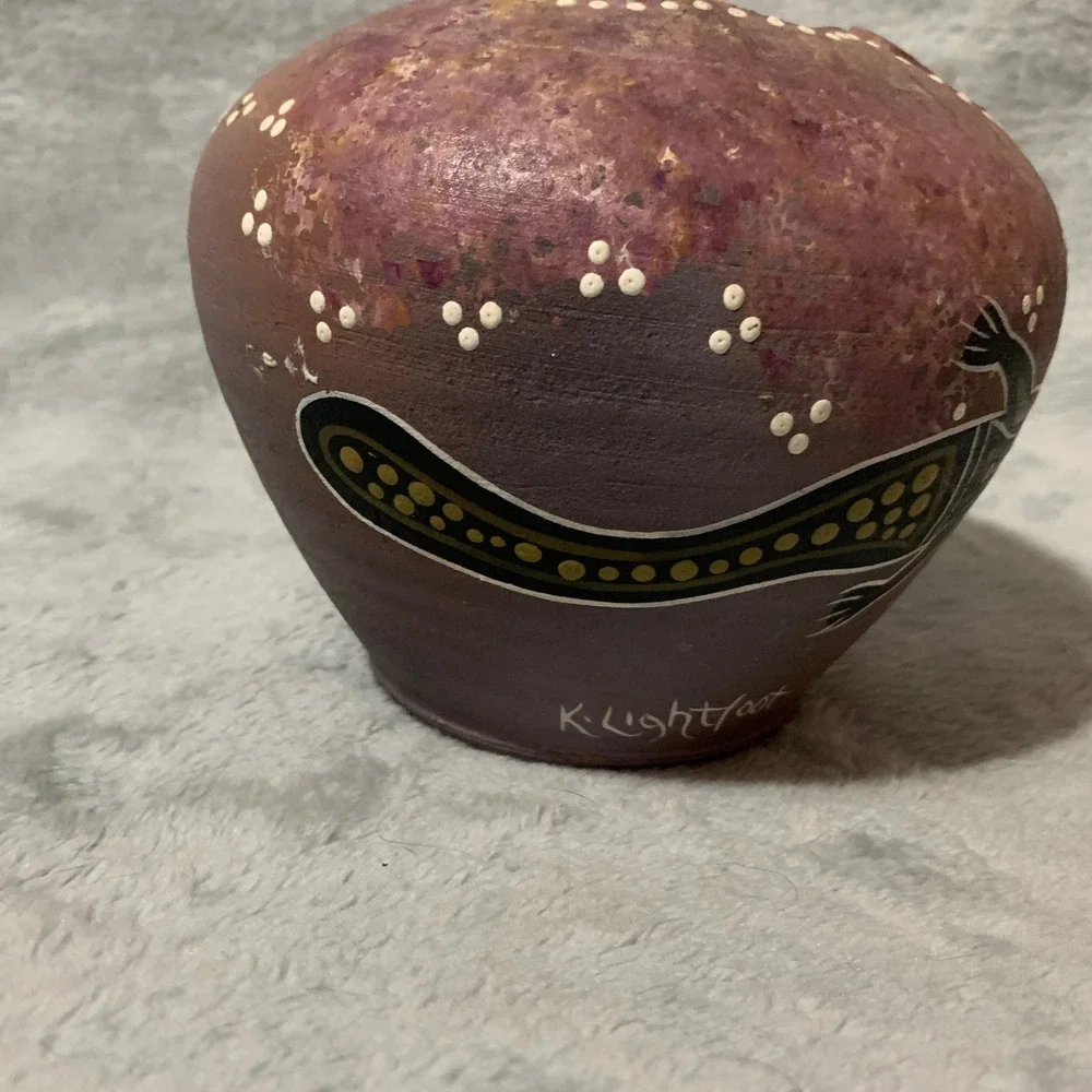 K Lightfoot Hand Painted Pottery Vase Kangaroo Aboriginal Art Unique Collectible